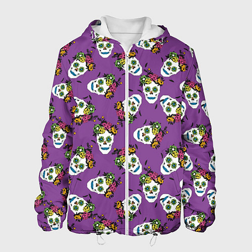 Мужская куртка Сахарные черепа на фиолетовом паттерн / 3D-Белый – фото 1