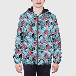 Куртка с капюшоном мужская Голубые тропические листья и цветы, цвет: 3D-черный — фото 2
