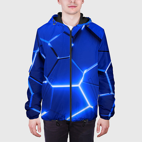 Мужская куртка Синие неоновые геометрические плиты / 3D-Черный – фото 3