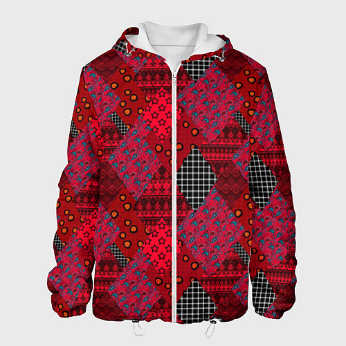 Мужская куртка Красный лоскутный узор пэчворк / 3D-Белый – фото 1