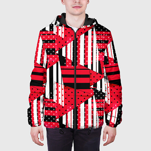 Мужская куртка Красный, черный и белый горошек и полоска, пэчворк / 3D-Черный – фото 3