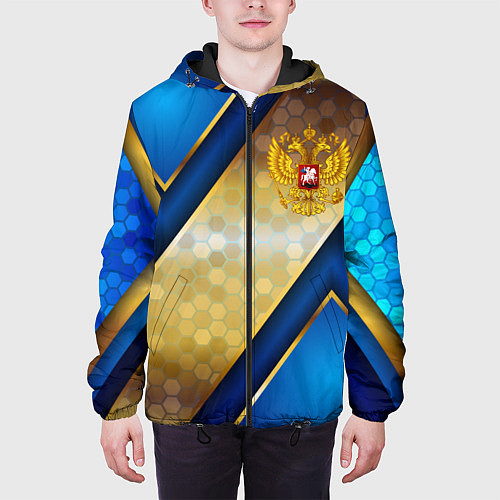 Мужская куртка Золотой герб России на синем объемном фоне / 3D-Черный – фото 3