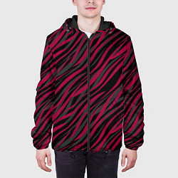 Куртка с капюшоном мужская Модный полосатый красно- черный узор Зебра, цвет: 3D-черный — фото 2