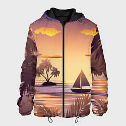 Куртка с капюшоном мужская Лодка в море на закате возле тропических островов, цвет: 3D-черный