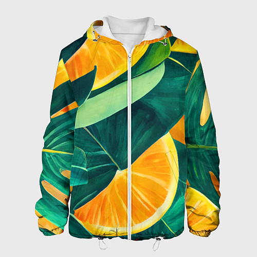 Мужская куртка Листья монстеры и дольки апельсинов / 3D-Белый – фото 1