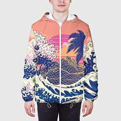 Куртка с капюшоном мужская Ретро дизайн большие волны, пальмы и абстрактные г, цвет: 3D-белый — фото 2