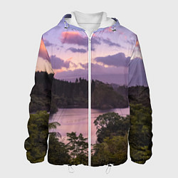 Куртка с капюшоном мужская Пейзаж вечерней реки и леса, цвет: 3D-белый
