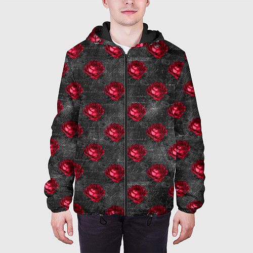 Мужская куртка Красные бутоны цветов / 3D-Черный – фото 3