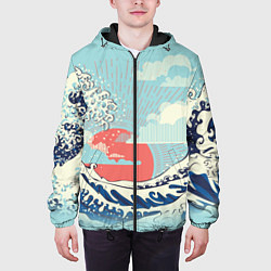 Куртка с капюшоном мужская Морской пейзаж с большими волнами на закате, цвет: 3D-черный — фото 2