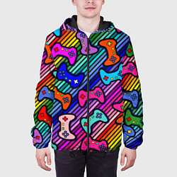 Куртка с капюшоном мужская Многоцветные полоски с джойстиками, цвет: 3D-черный — фото 2