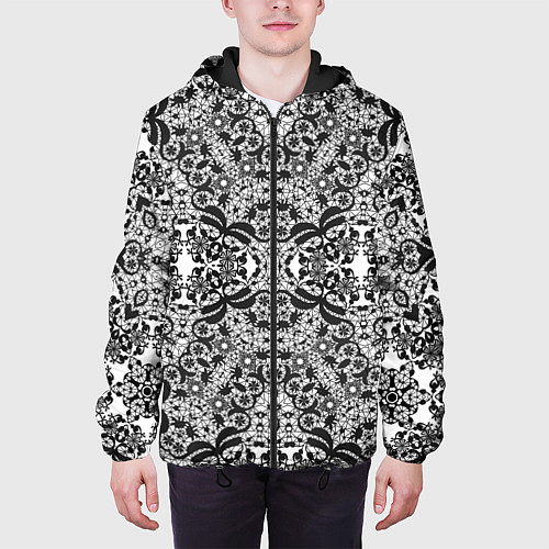 Мужская куртка Черно-белый ажурный кружевной узор / 3D-Черный – фото 3