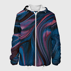 Куртка с капюшоном мужская Абстрактные фиолетовые и синие волны с блёстками, цвет: 3D-белый