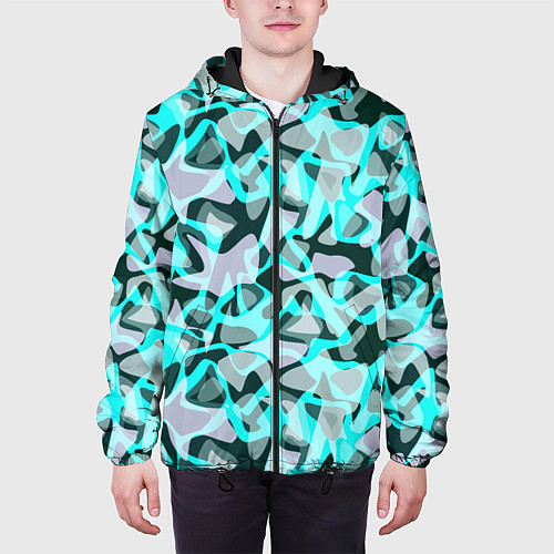 Мужская куртка Пятнистый абстрактный узор серый с бирюзовыми лини / 3D-Черный – фото 3