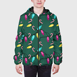 Куртка с капюшоном мужская Новогодняя гирлянда зеленая, цвет: 3D-черный — фото 2