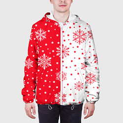 Куртка с капюшоном мужская Рождественские снежинки на красно-белом фоне, цвет: 3D-белый — фото 2