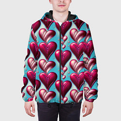 Куртка с капюшоном мужская Паттерн красные абстрактные сердца, цвет: 3D-черный — фото 2