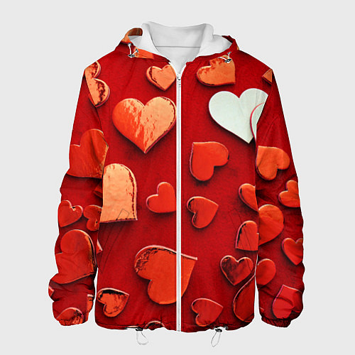 Мужская куртка Красные сердца на красном фоне / 3D-Белый – фото 1