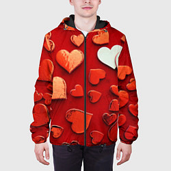 Куртка с капюшоном мужская Красные сердца на красном фоне, цвет: 3D-черный — фото 2