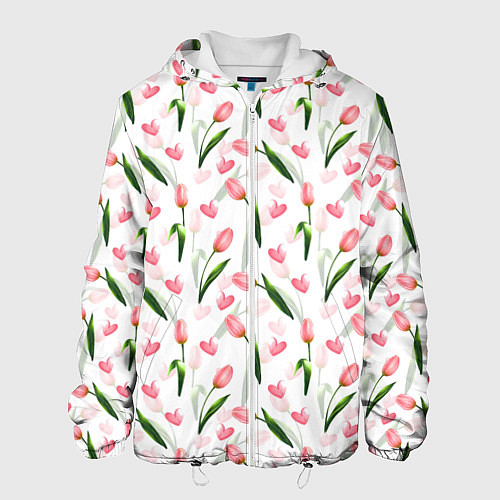 Мужская куртка Тюльпаны и сердечки - паттерн / 3D-Белый – фото 1