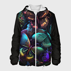 Куртка с капюшоном мужская Разные неоновые бабочки, цвет: 3D-белый