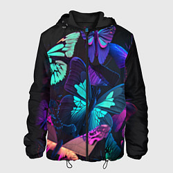 Куртка с капюшоном мужская Много неоновых бабочек, цвет: 3D-черный