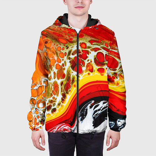Мужская куртка Брызги краски - красные, оранжевые разводы / 3D-Черный – фото 3