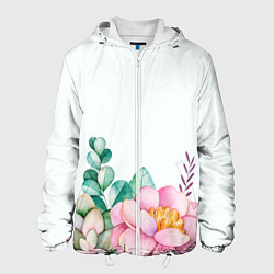 Куртка с капюшоном мужская Цветы нарисованные акварелью - снизу, цвет: 3D-белый