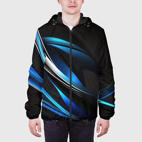 Мужская куртка Абстрактные синие и белые линии на черном фоне / 3D-Черный – фото 3