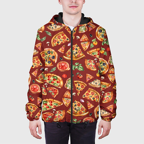 Мужская куртка Кусочки пиццы ассорти - акварельный паттерн / 3D-Черный – фото 3