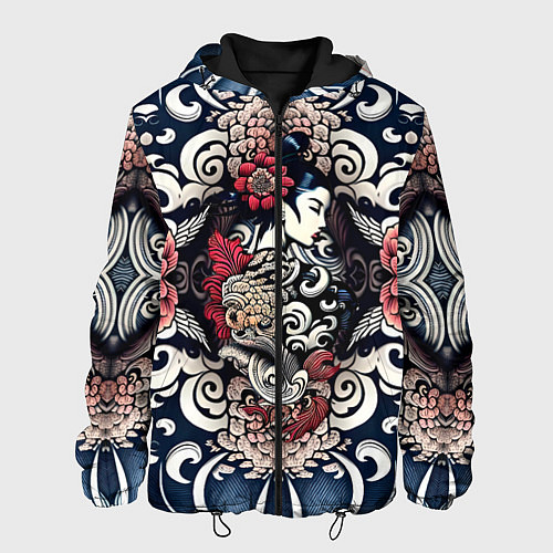 Мужская куртка Irezumi style: девушка и синие узоры / 3D-Черный – фото 1