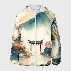 Куртка с капюшоном мужская Японский пейзаж - акварель, цвет: 3D-белый