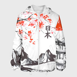 Куртка с капюшоном мужская Цветущая сакура и солнце - Япония, цвет: 3D-белый