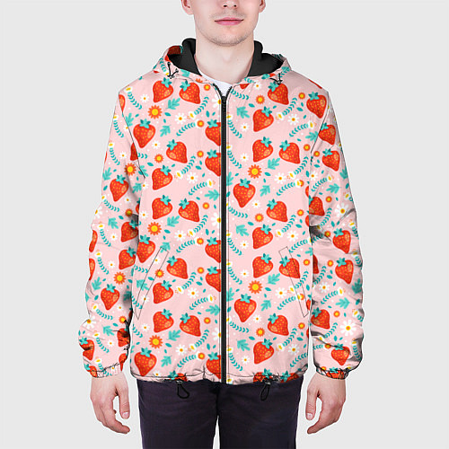 Мужская куртка Паттерн клубника и цветы / 3D-Черный – фото 3