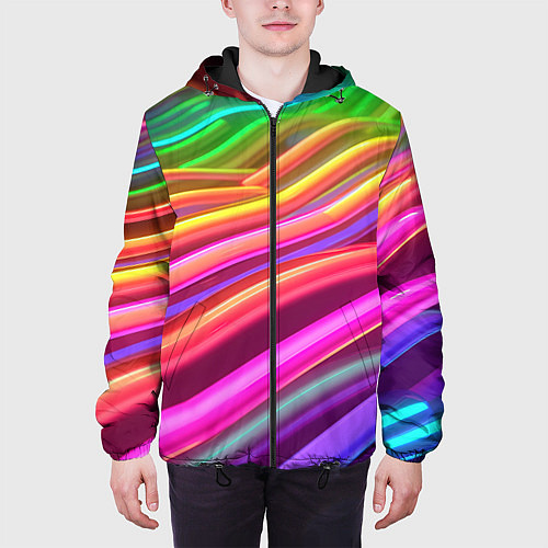 Мужская куртка Неоновые радужные волны / 3D-Черный – фото 3
