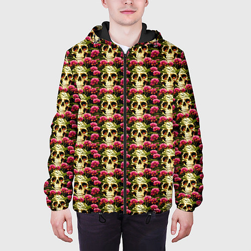 Мужская куртка Черепа с розовыми цветами / 3D-Черный – фото 3