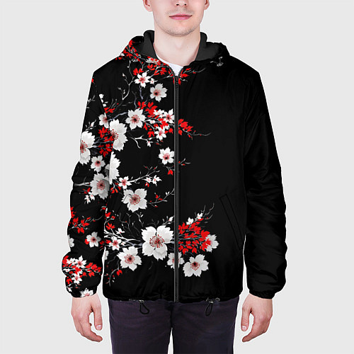 Мужская куртка Белая и красная сакура - цветение / 3D-Черный – фото 3