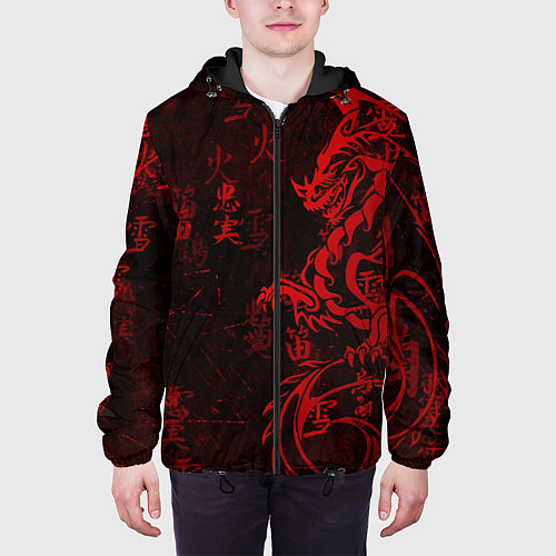 Мужская куртка Красный дракон - иероглифы / 3D-Черный – фото 3