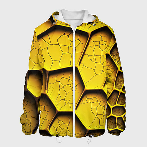 Мужская куртка Желтые шестиугольники с трещинами - объемная текст / 3D-Белый – фото 1
