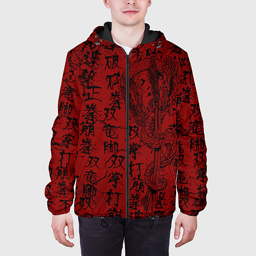 Мужская куртка Красный дракон и катана - иероглифы / 3D-Черный – фото 3