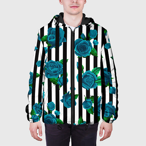 Мужская куртка Полосы и бирюзовые розы / 3D-Черный – фото 3