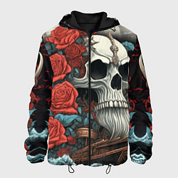 Куртка с капюшоном мужская Череп викинга на корабле с розами в стиле тату ире, цвет: 3D-черный