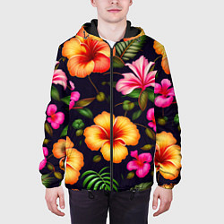 Куртка с капюшоном мужская Гавайские цветы узор, цвет: 3D-черный — фото 2