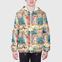 Куртка с капюшоном мужская Череп в цветах с бабочками узор, цвет: 3D-белый — фото 2