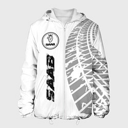 Куртка с капюшоном мужская Saab speed на светлом фоне со следами шин: по-верт, цвет: 3D-белый