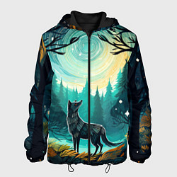 Куртка с капюшоном мужская Волк в ночном лесу фолк-арт, цвет: 3D-черный