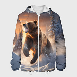 Куртка с капюшоном мужская Бурый медведь в лесу, цвет: 3D-белый