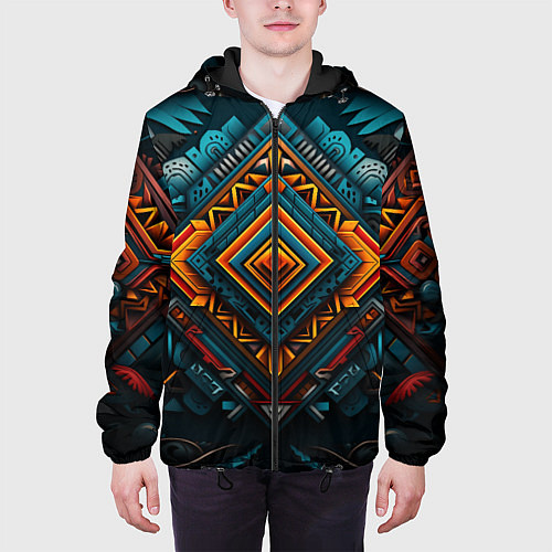 Мужская куртка Орнамент с оранжевыми и синими ромбами / 3D-Черный – фото 3