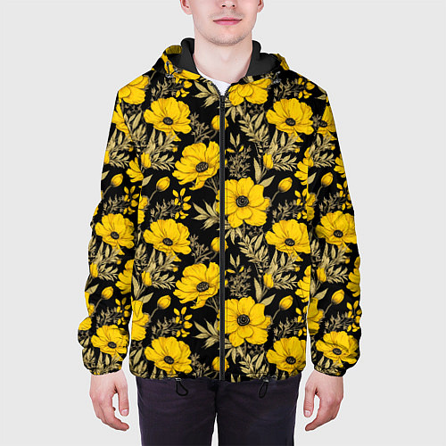 Мужская куртка Желтые цветы на черном фоне паттерн / 3D-Черный – фото 3