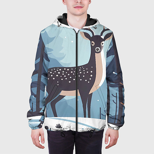 Мужская куртка Зимняя сказка олень в лесу / 3D-Черный – фото 3