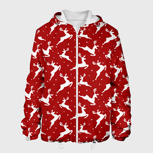Мужская куртка Красный паттерн с новогодними оленями / 3D-Белый – фото 1